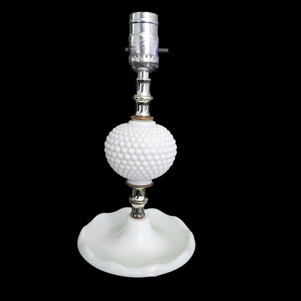 Vintage White Milk Glass Hobnail Table Lamp Ruffled Base Chrome Accent Working